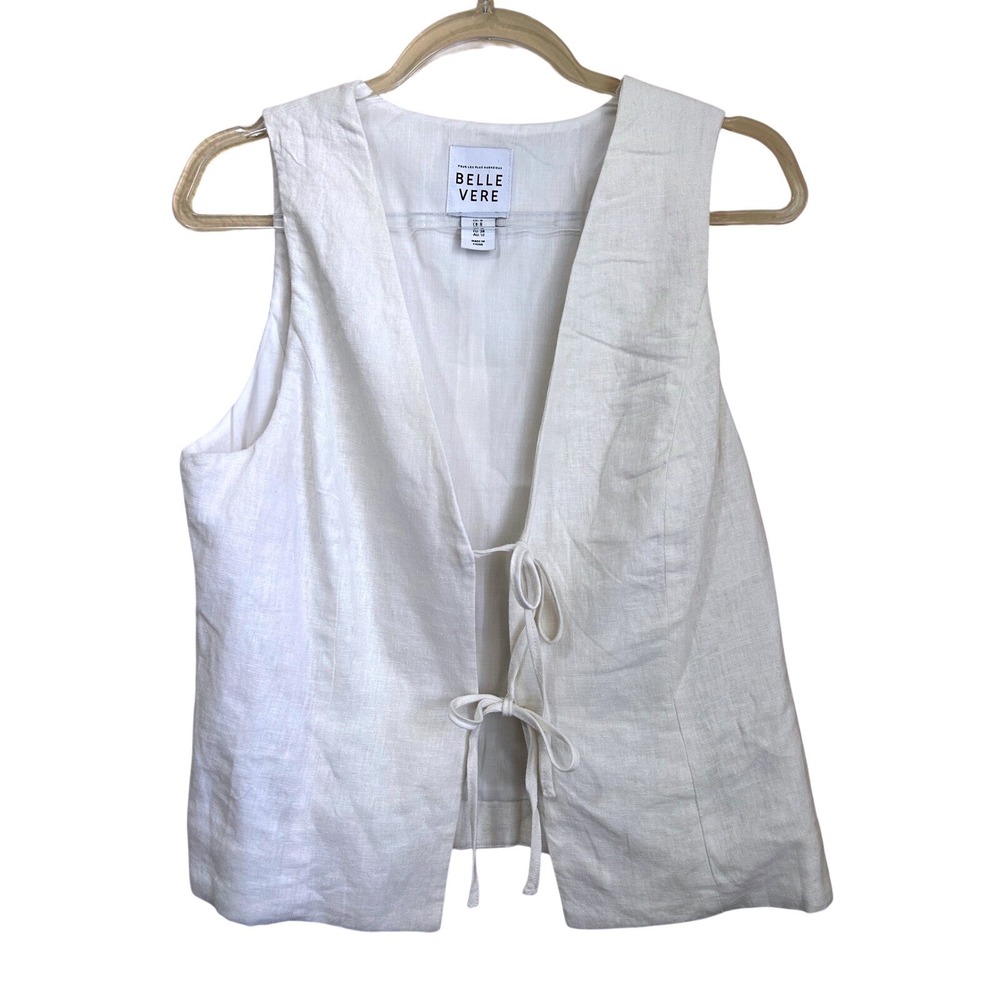 Belle Vere White Linen Blend Tie Front Waistcoat Vest Womens Size 8 Minimalist